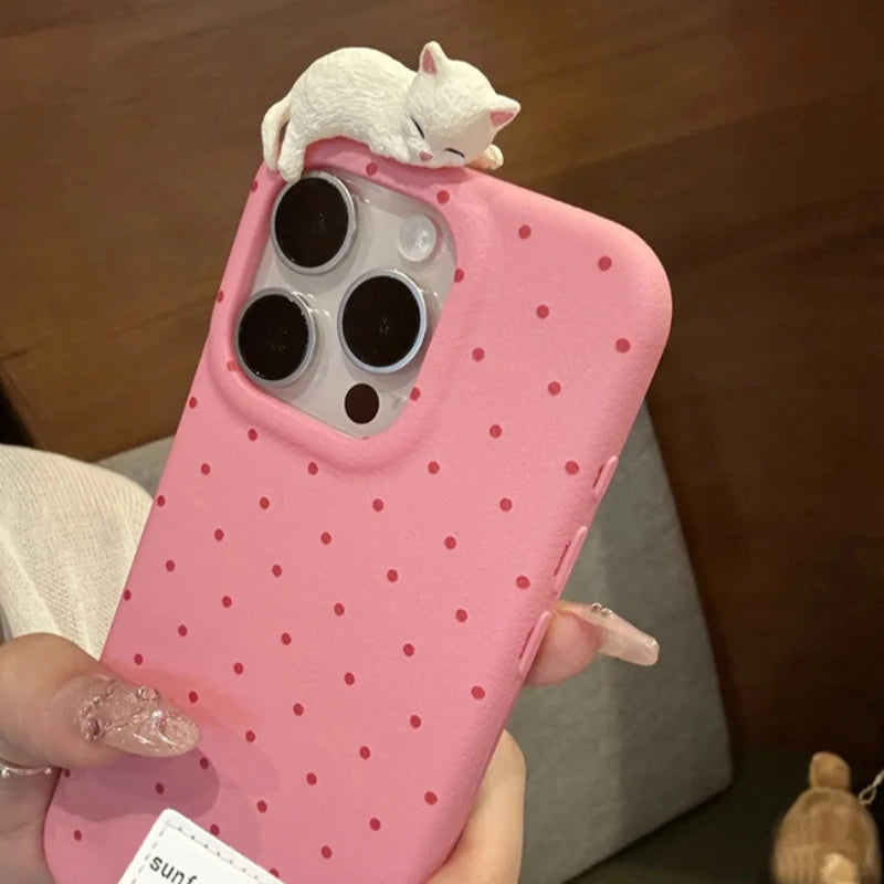 Kawaii 3D Cat Polka Dot Phone Case – Soft & Shockproof Cover for iPhones