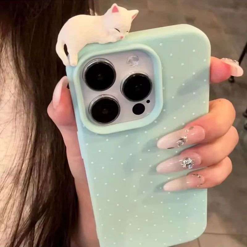 Korean 3D Cat Polka Dot Soft Phone Case Cover for iPhones