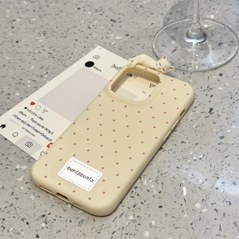 Kawaii 3D Cat Polka Dot Phone Case – Soft & Shockproof Cover for iPhones