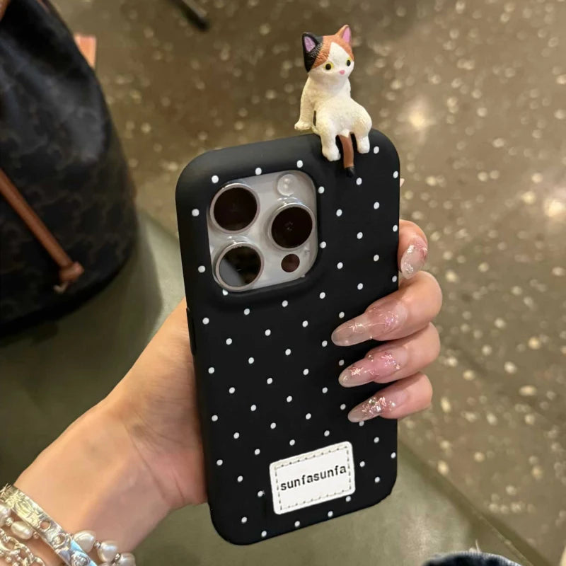 Kawaii 3D Cat Polka Dot Phone Case – Soft & Shockproof Cover for iPhones