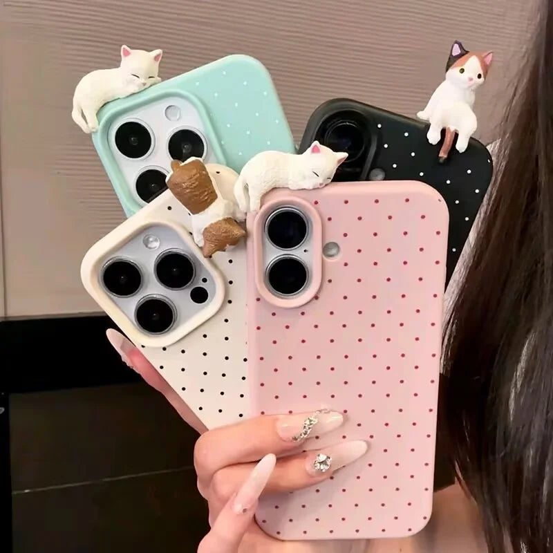 Korean 3D Cat Polka Dot Soft Phone Case Cover for iPhones