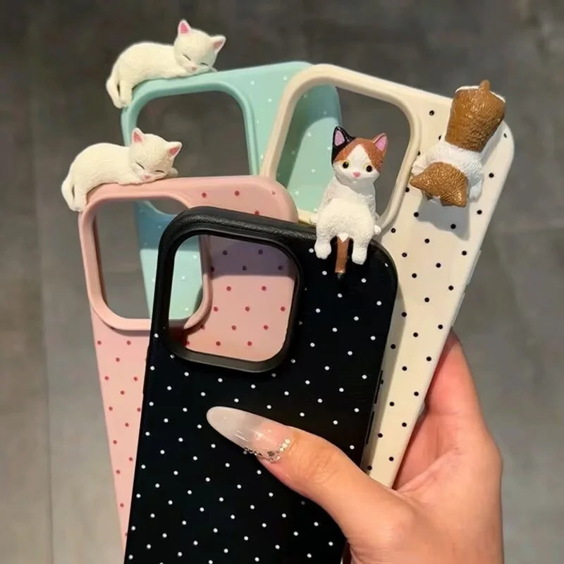 Korean 3D Cat Polka Dot Soft Phone Case Cover for iPhones
